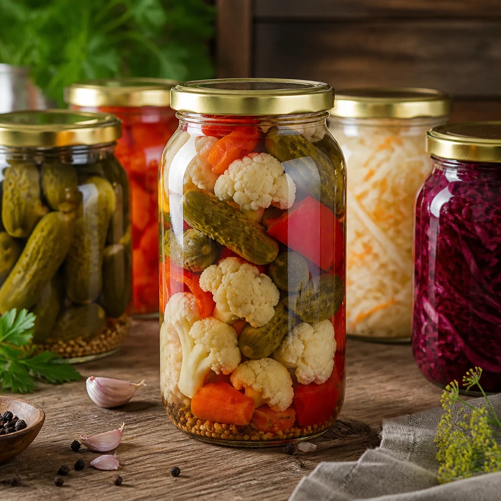 1062ml tarro redondo con tapa BasicSeal oro UNiTWIST Tarro redondo de 1062 ml con tapa dorada UNiTWIST para verduras en escabeche y alimentos fermentados