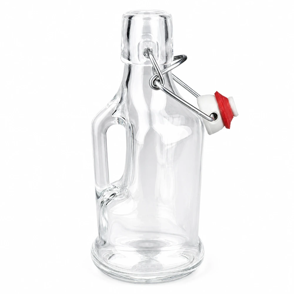 Botella de vidrio de 200 ml «Bertha» y tapón de porcelana UNiTWIST® Botella de cristal Bertha 200ml con anillo de goma rojo en la parte superior abatible y asa Vista lateral detallada UNiTW