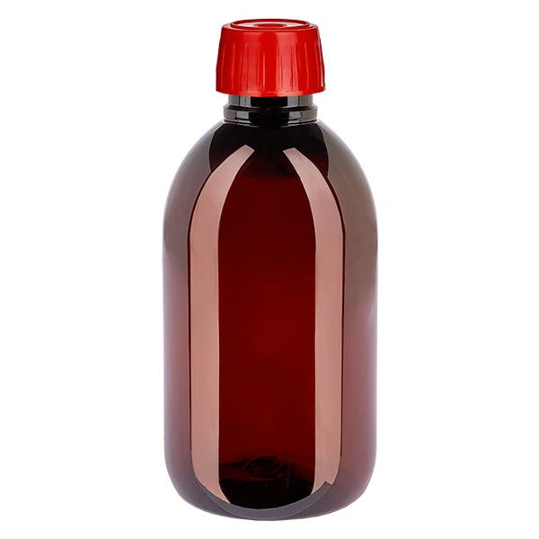 Botella PET 250ml con tapón de rosca desgasificador de color rojo Botella PET 250ml con tapón de rosca desgasificador de color rojo