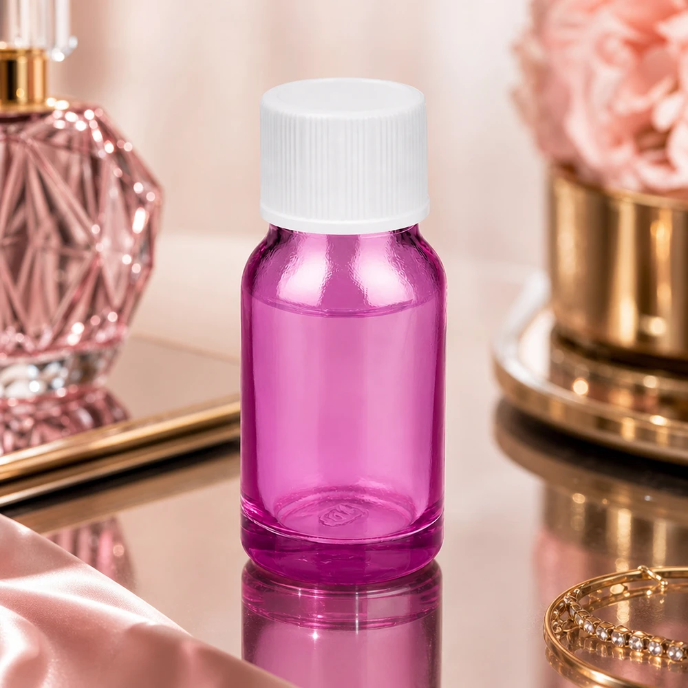 Frasco de vidrio violeta de 10 ml con tapón de rosca blanco perfecto para cosméticos y sueros DIY