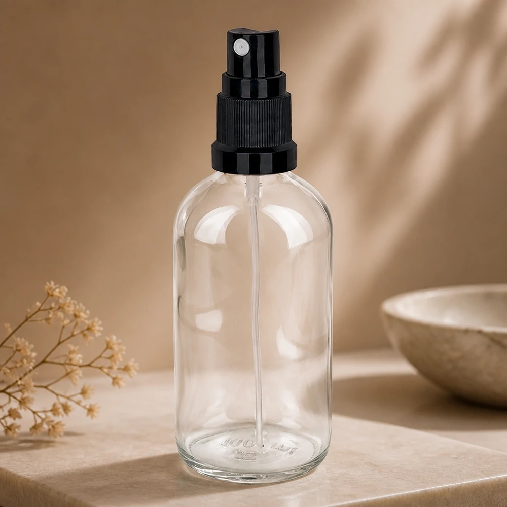Botella de spray de cristal transparente de 100 ml con boquilla pulverizadora de niebla fina negra sobre una base de mármol claro