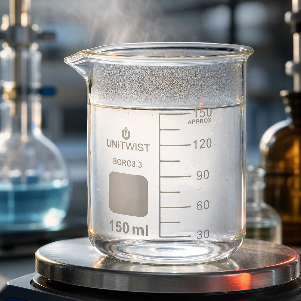 Vaso 150 ml borosilicato, molde bajo UNiTWIST Vaso de precipitados UNiTwist de 150 ml, de borosilicato, de perfil bajo, sobre una balanza de laboratorio con agua caliente y vapor