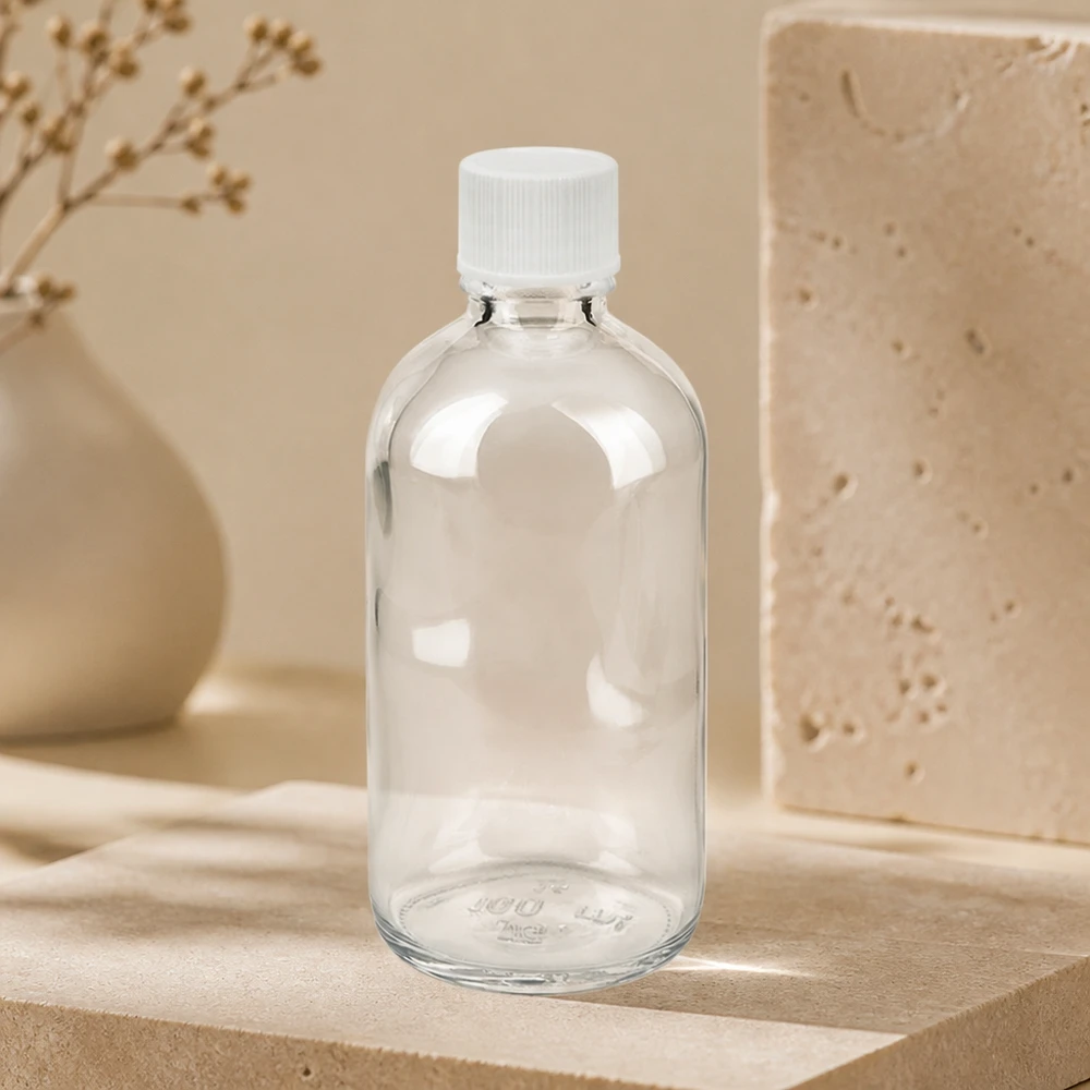Frasco de farmacia vacío de 100 ml, de cristal transparente, con tapón de rosca blanco, STD ClearLine, envase farmacéutico