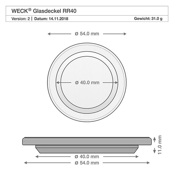 Vaso de 35ml completo WECK RR40 Tapa de cristal WECK RR40 dibujo técnico con dimensiones 54mm diámetro exterior 40mm diámetro interior Peso 31g