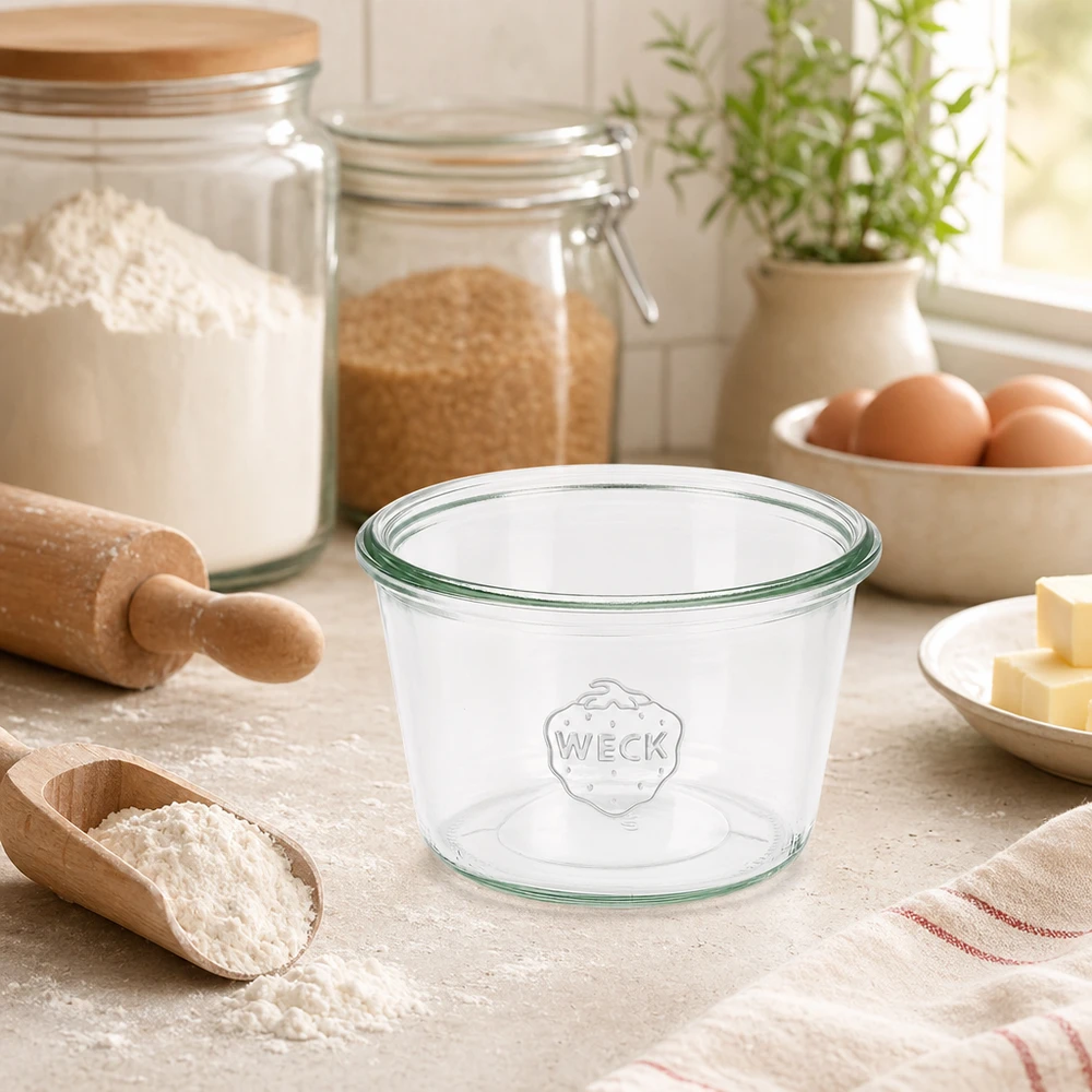 WECK tarro de cristal 370ml RR100 en cocina con ingredientes para hornear y utensilios de cocina
