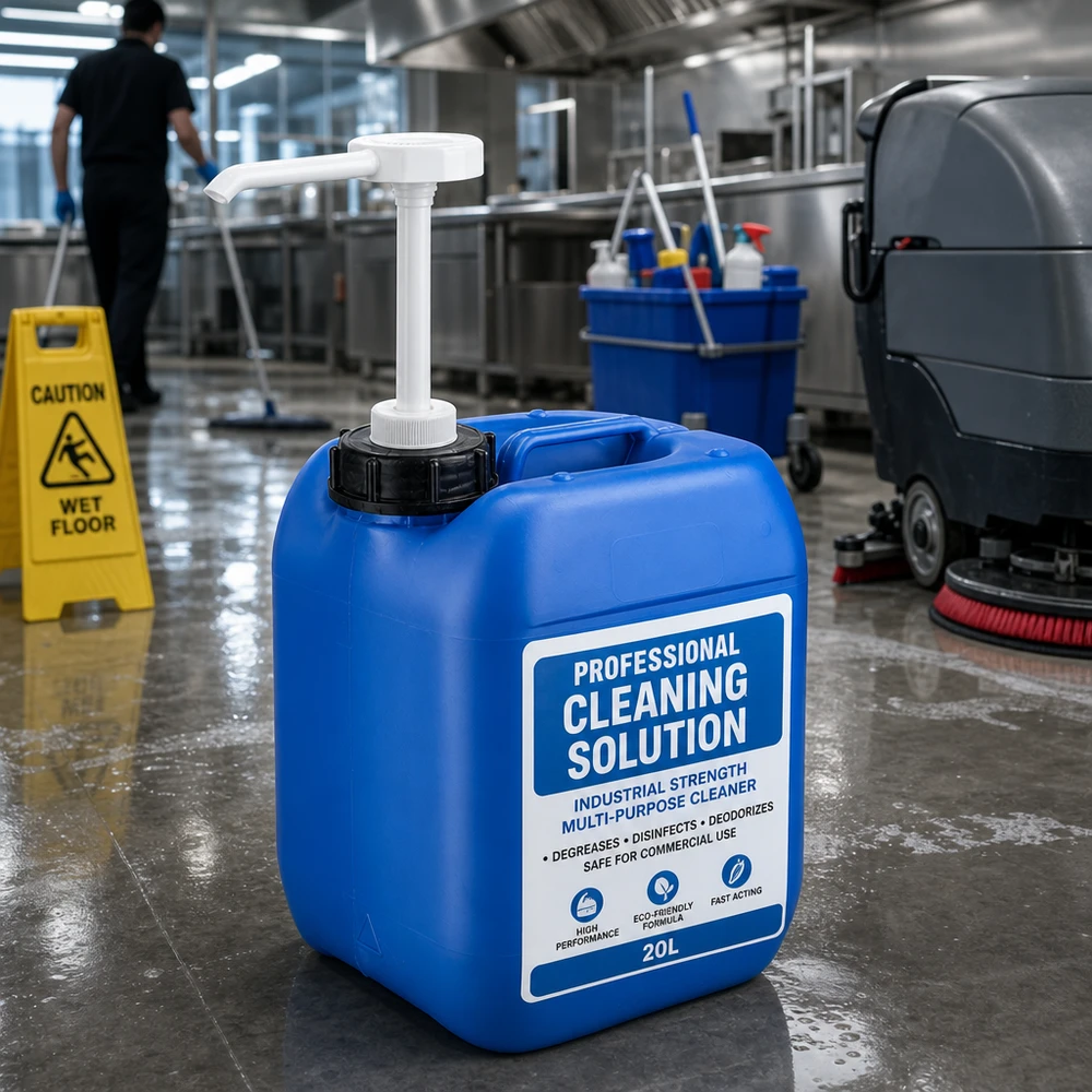 Bidón 5 litros azul con bomba dosificadora Bidón azul de 20 litros para productos de limpieza con bomba dosificadora en una cocina industrial