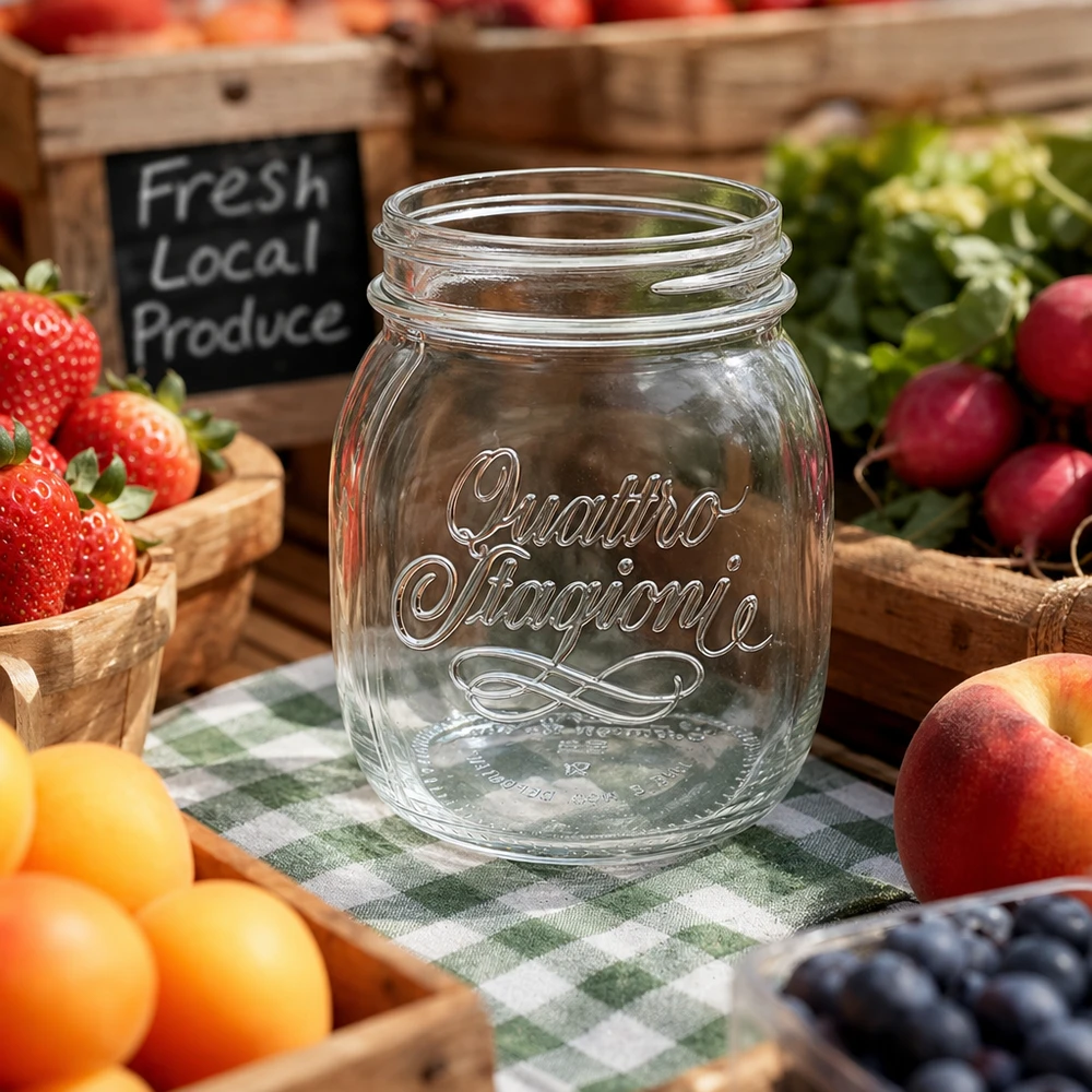 Copa doméstica Quattro Stagioni de 700 ml sobre un mantel a cuadros rodeada de frutas y verduras frescas en cajas de madera