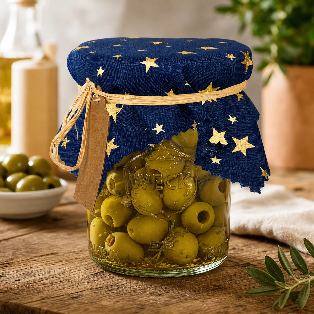 Felpilla decorativa con motivo de estrellas sobre vidrio oliva en cocina - felpilla de tela azul 15cm cuadrado