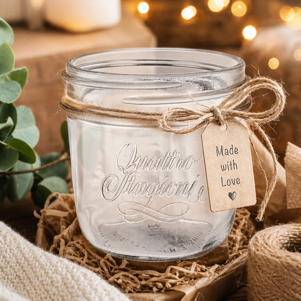 Tarro joyero Quattro Stagioni de 200 ml con cinta de yute y colgante Made with Love en decoración rústica