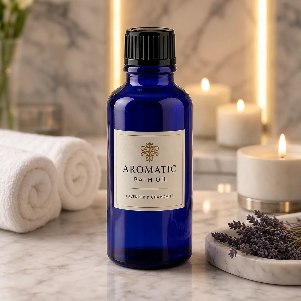 Frasco cuentagotas azul cobalto de 30 ml con tapón negro sobre mármol, junto a velas y flores de lavanda