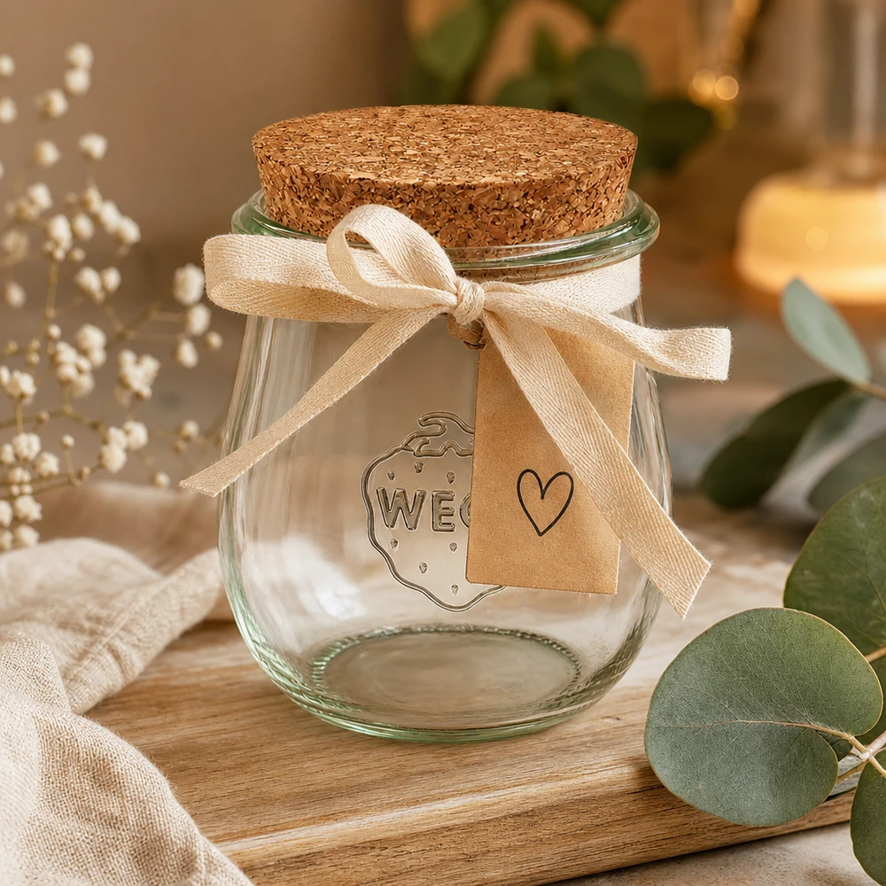 Tarro tulipán WECK 220ml RR60 empaquetado decorativamente con lazo y etiqueta de regalo sobre una mesa de madera