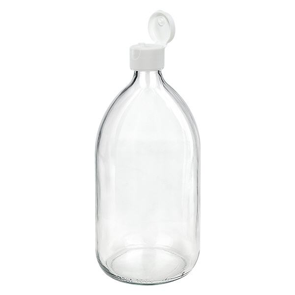 Frasco medicamento 1000ml transparente, con tapón flip-top ApoGlas Frasco medicamento 1000ml transparente, con tapón flip-top ApoGlas