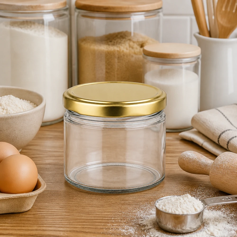 Tarro redondo de 540ml con tapa BasicSeal oro UNiTWIST Tarro redondo de 540 ml con tapa dorada BasicSeal en una cocina moderna entre tarros de almacenaje e ingredientes de repostería