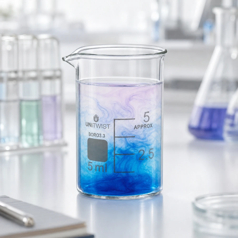 Vaso de precipitados pequeño de 5 ml, de borosilicato 3.3, con una nube de color azul y graduación