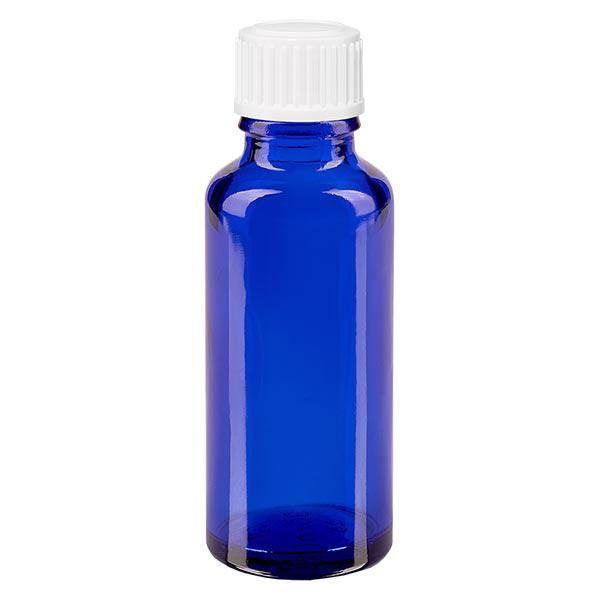 Botella de farmacia azul 30ml tapón rosca glóbulos blanco estándar Botella de farmacia azul 30ml tapón rosca glóbulos blanco estándar