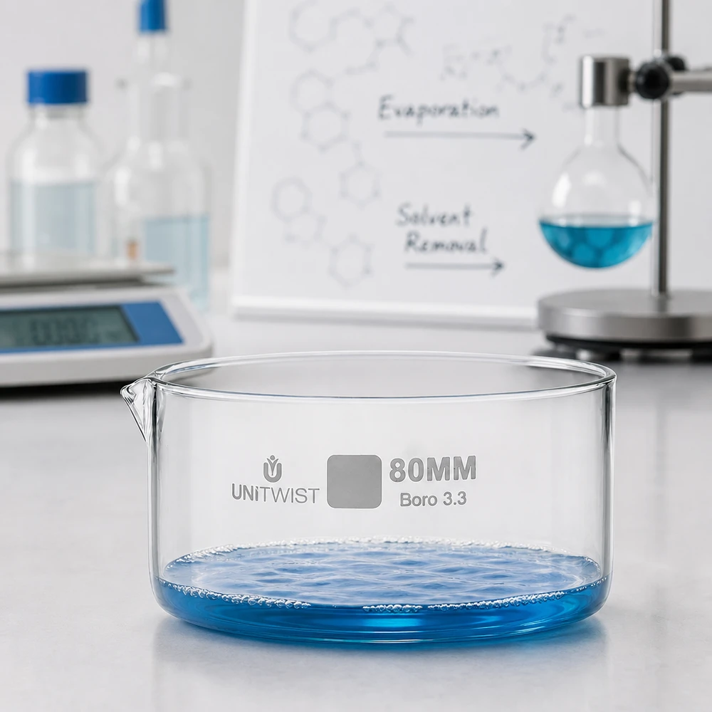 Recipiente de cristalización UNiTWIST de 80 mm de diámetro, de vidrio borosilicato 3.3, con un líquido azul sobre una superficie de laboratorio blanca