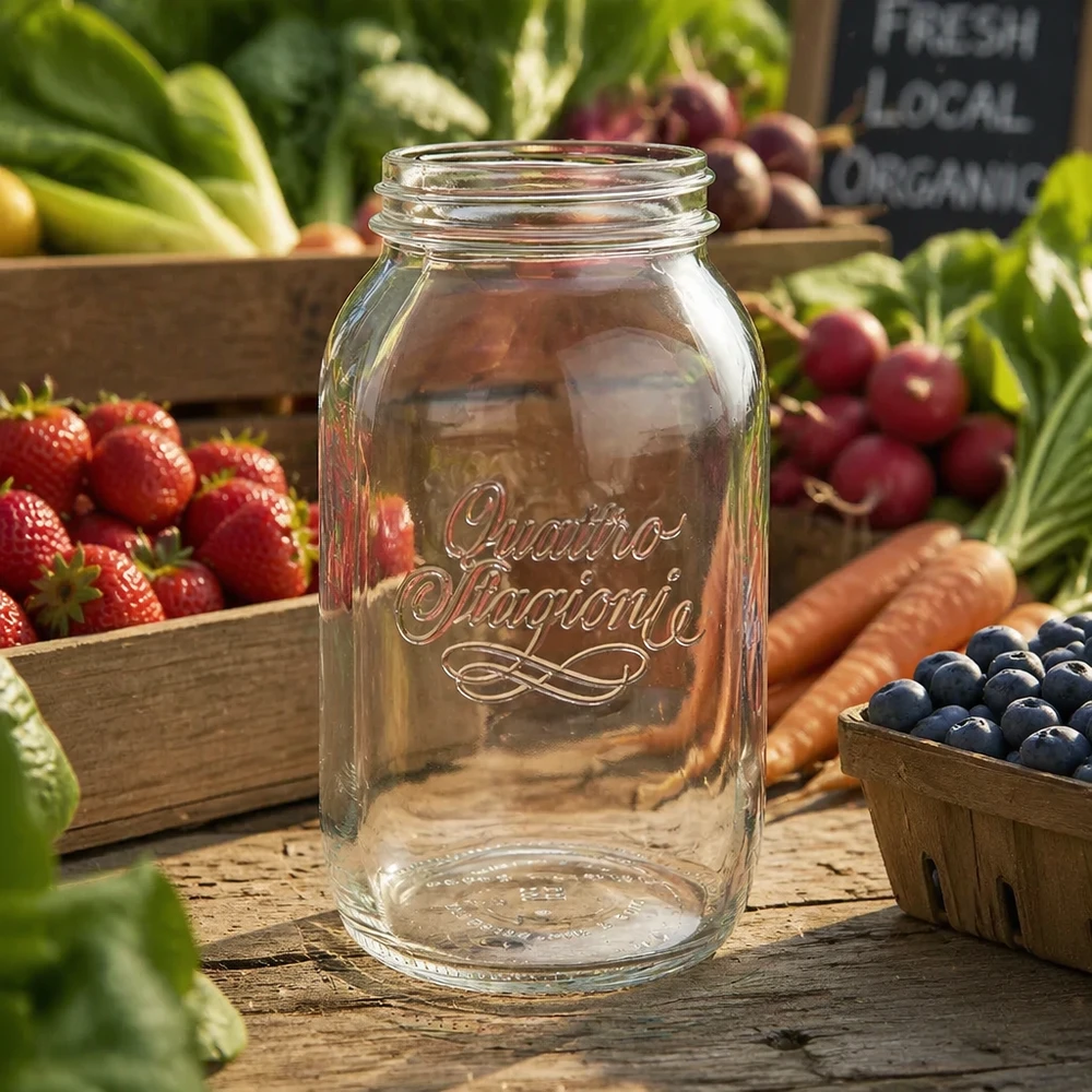 Vaso redondo 1500ml "Quattro Stagioni" QS86mm Tarro de conserva doméstico Quattro Stagioni de 1500 ml sobre mesa de madera con frutas y verduras frescas al fondo