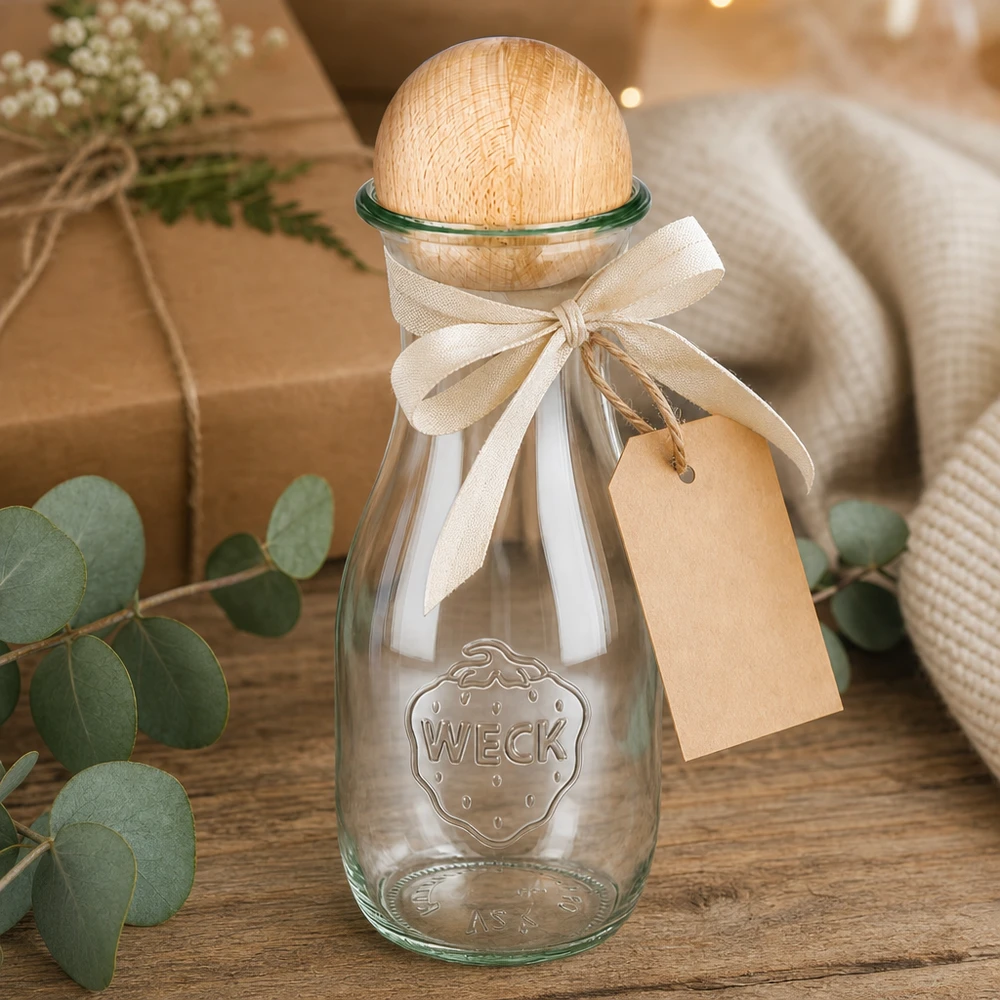 Botella de zumo WECK de 530 ml envuelta para regalo con lazo y etiqueta junto a eucalipto y decoración
