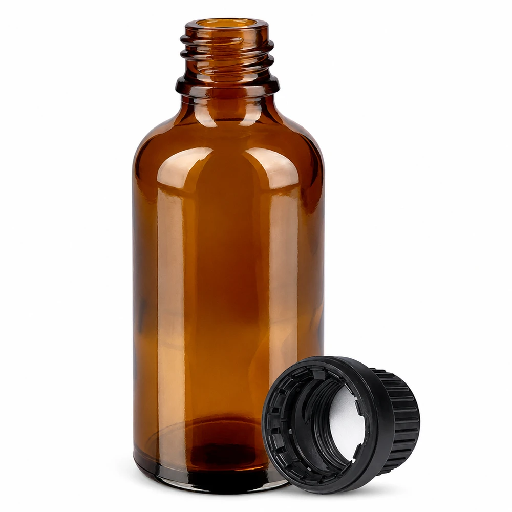 Frasco de farmacia de vidrio ámbar de 50 ml con rosca de 11 mm y tapón negro para medicamentos
