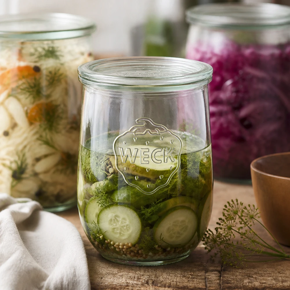 WECK tarro tulipán 1062ml pepino encurtido eneldo especias verduras fermentadas RR100 tarro tapa conservación