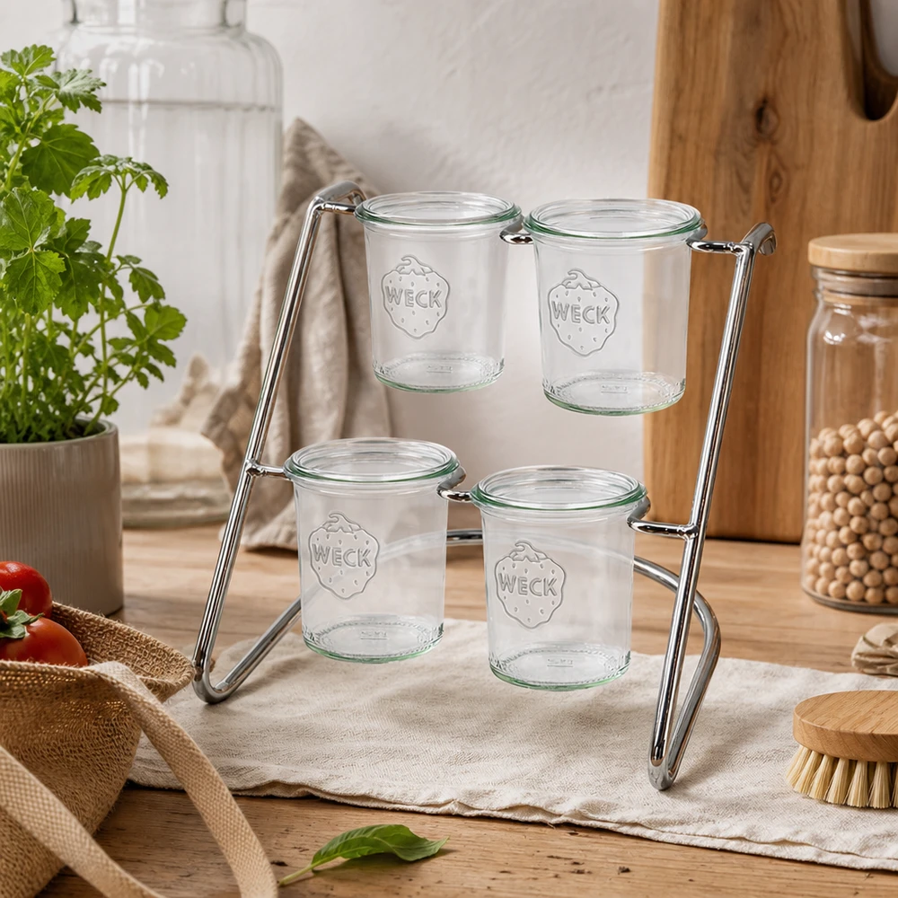 Portavasos Flato4 para 4 vasos WECK Estante para servir Flato4 sobre mesa de madera con tarros vacíos WECK - diseño minimalista para la decoración de cocinas naturales