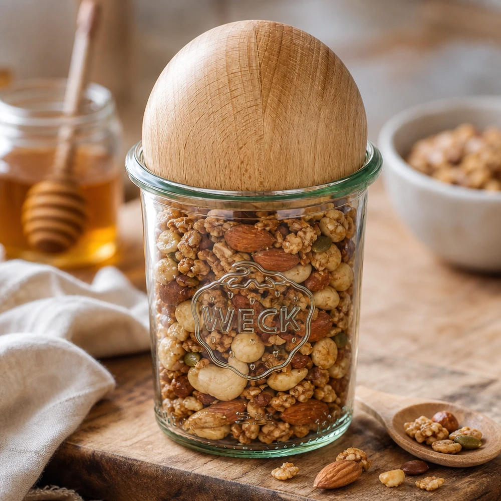 Vasos de 160ml WECK RR60 con bola de madera de haya WECK RR60 Vasos de 160 ml con bola de haya rellena de frutos secos, dispuestos decorativamente sobre una tabla de madera con miel