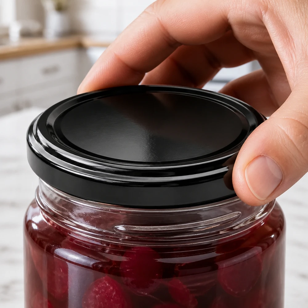 UNiTWIST TO48 negro, BioSeal, sin BPA, unitemp. Tapa para tarros de cristal de cereza UNiTWIST TO48 negra BioSeal sin BPA, que se enrosca, para la cocina