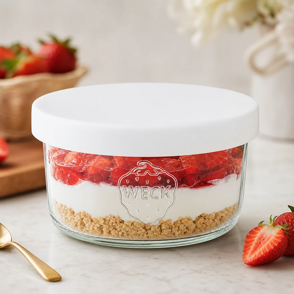 tarro WECK 165ml RR80 con tapa de silicona blanca relleno como postre de fresa en aspecto de capas con cuchara dorada
