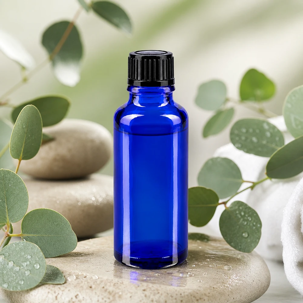 Frasco de farmacia azul cobalto de 30 ml con tapón cuentagotas negro sobre piedras de bienestar