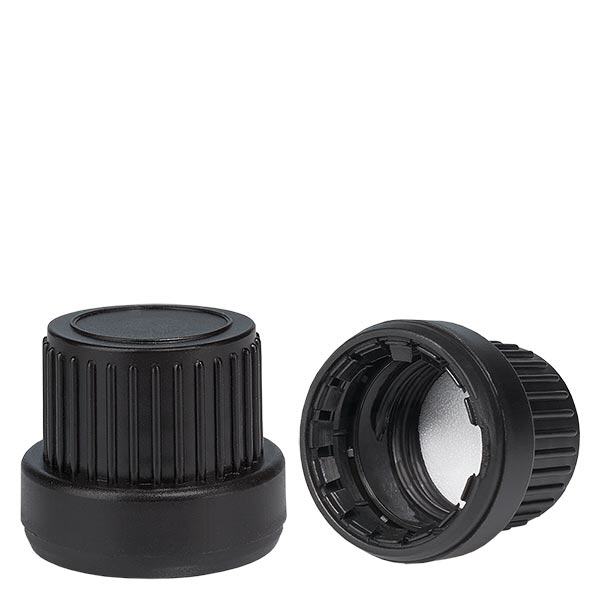Tapón de rosca superior con precinto PE negro 18mm cierre inviolable Tapón de rosca superior con precinto PE negro 18mm cierre inviolable