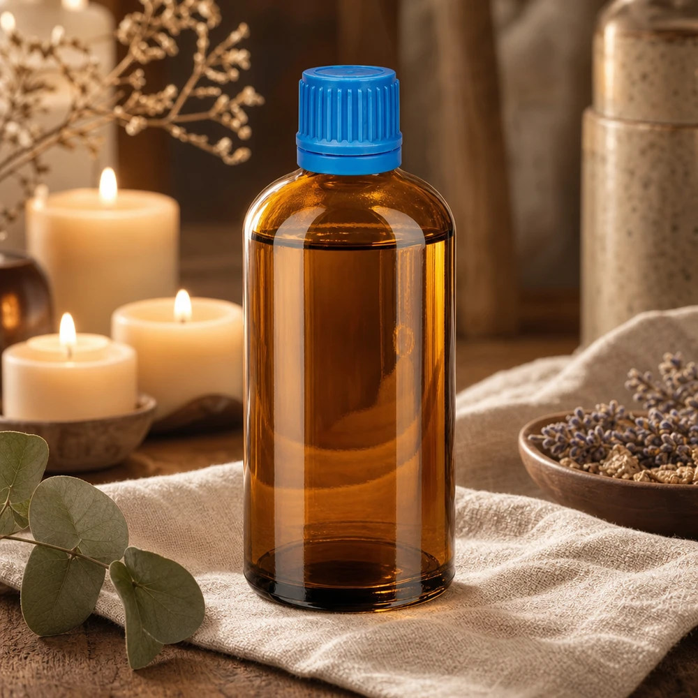 Frasco compacto de vidrio de 100 ml en marrón con tapón azul a prueba de manipulaciones para uso farmacéutico