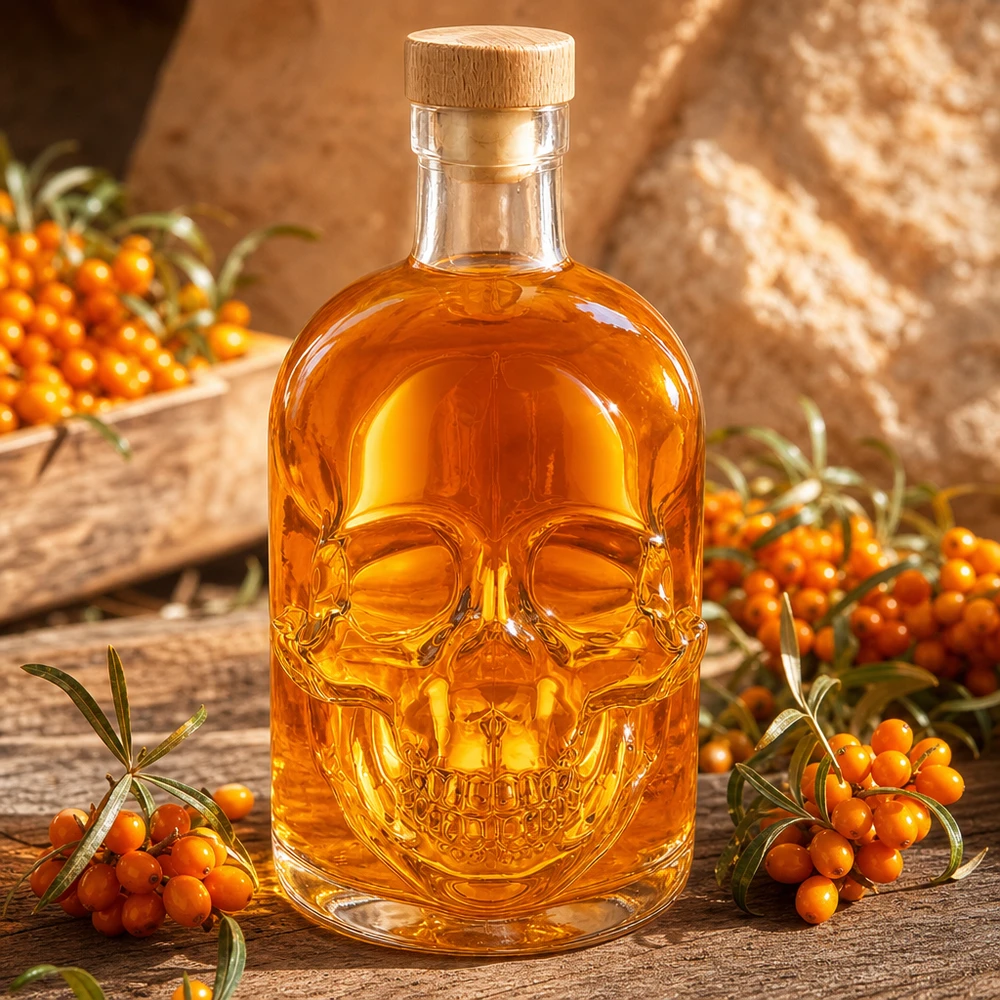 Botella de cristal Jack 500ml diseño de calavera con líquido de color ámbar y bayas de espino amarillo sobre fondo de madera