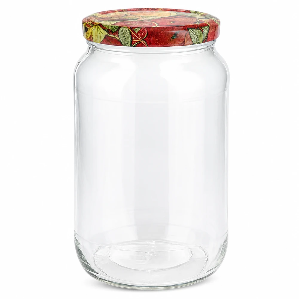 Tarro redondo 1062ml + tapa BasicSeal decoración frutas UNiTWIST Tarro redondo de 1062 ml con tapa BasicSeal tarro decorativo para frutas tarro de conserva vacío transparente con colorido motivo frutal