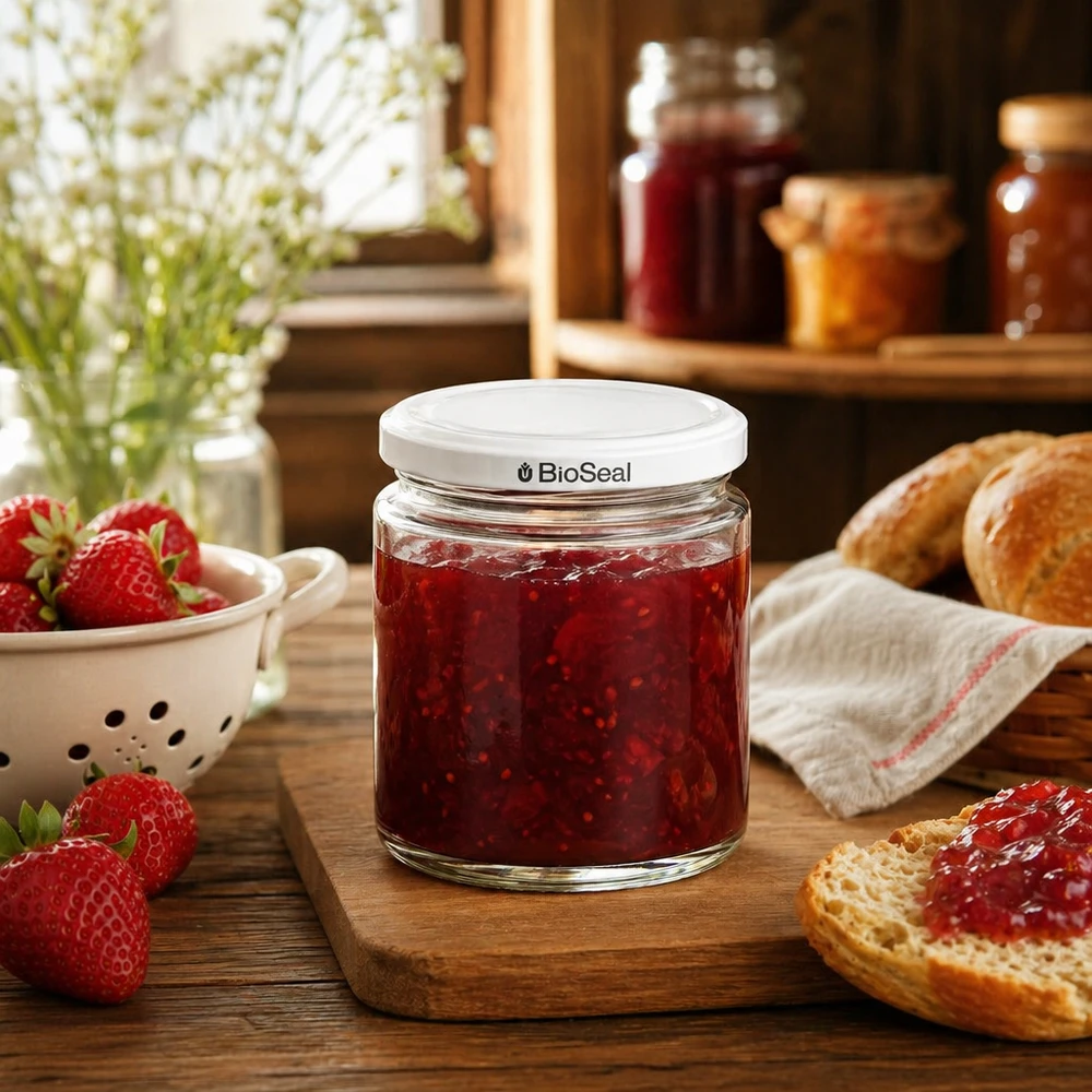 Tarro para miel de 350 g con tapa blanca BioSeal UNiTWIST Tarro de miel de 250 ml con tapa BioSeal lleno de mermelada de fresa sobre una tabla de madera junto a fresas frescas y pan
