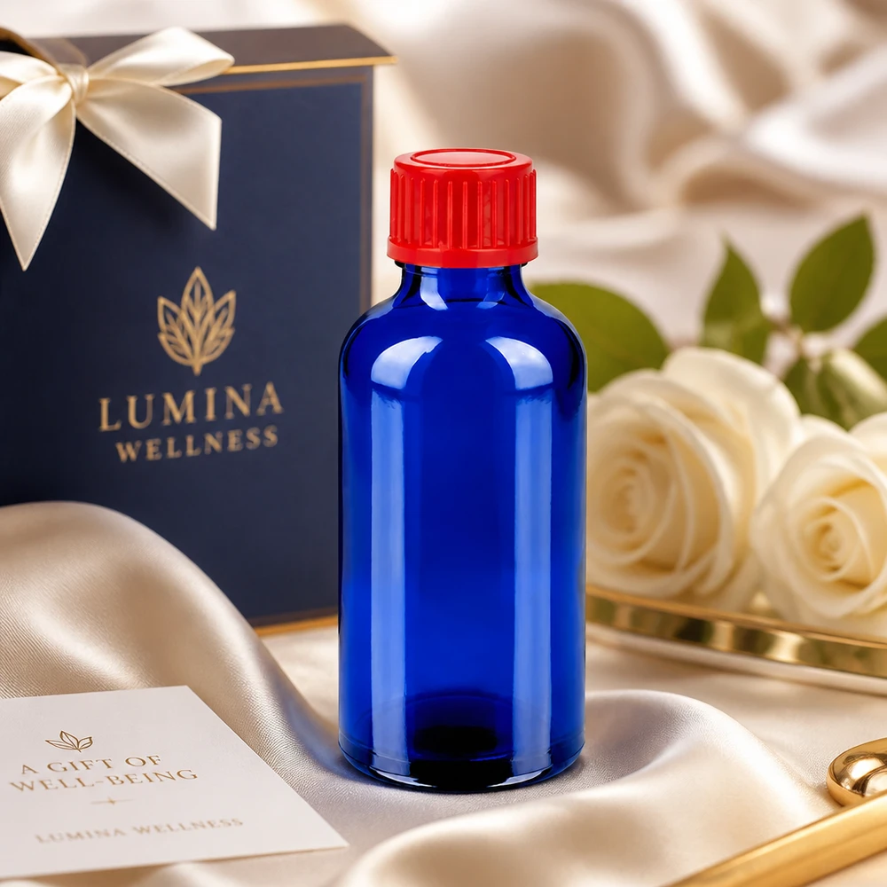 Botella compacta de cristal BlueLine UT18/50 de 50 ml con diseño de colores rojo y azul de alto contraste