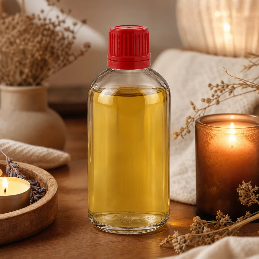 Frasco de cristal ClearLine de 100 ml con aceite amarillo y tapón de seguridad rojo, en un ambiente de spa