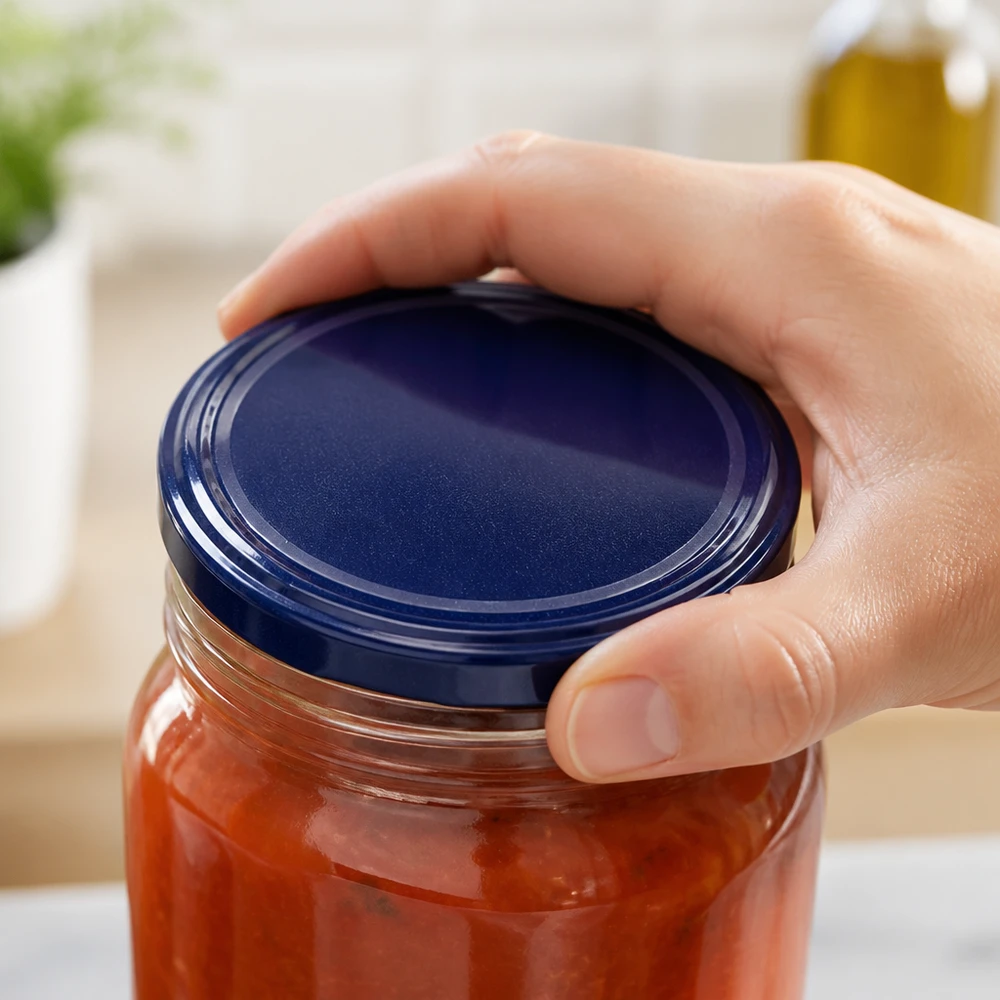 Se enrosca a mano la tapa azul de 82 mm con cierre de rosca en un tarro de conserva con salsa de tomate UNiTWIST