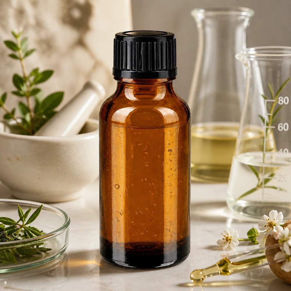 Botella de farmacia marrón 20ml tapón de rosca negro estándar Frasco de cristal marrón de 20 ml con tapón negro, junto a un mortero y hierbas frescas