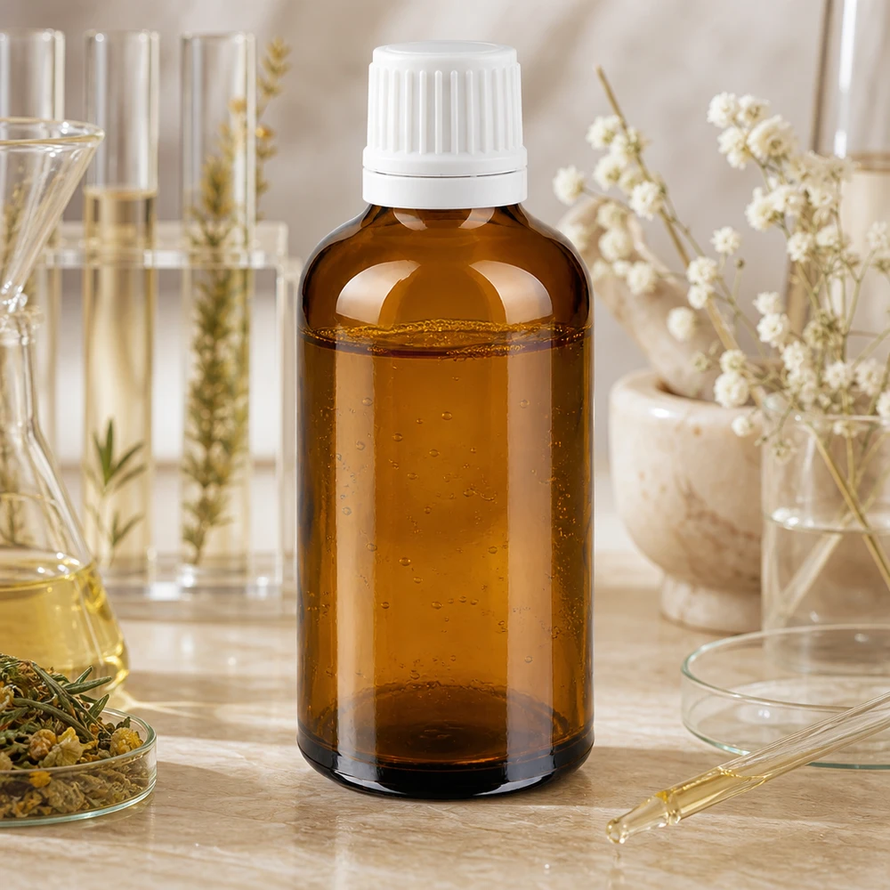 Frasco de farmacia de vidrio ámbar de 50 ml con tapón de rosca blanco, para cosmética natural y extractos de hierbas
