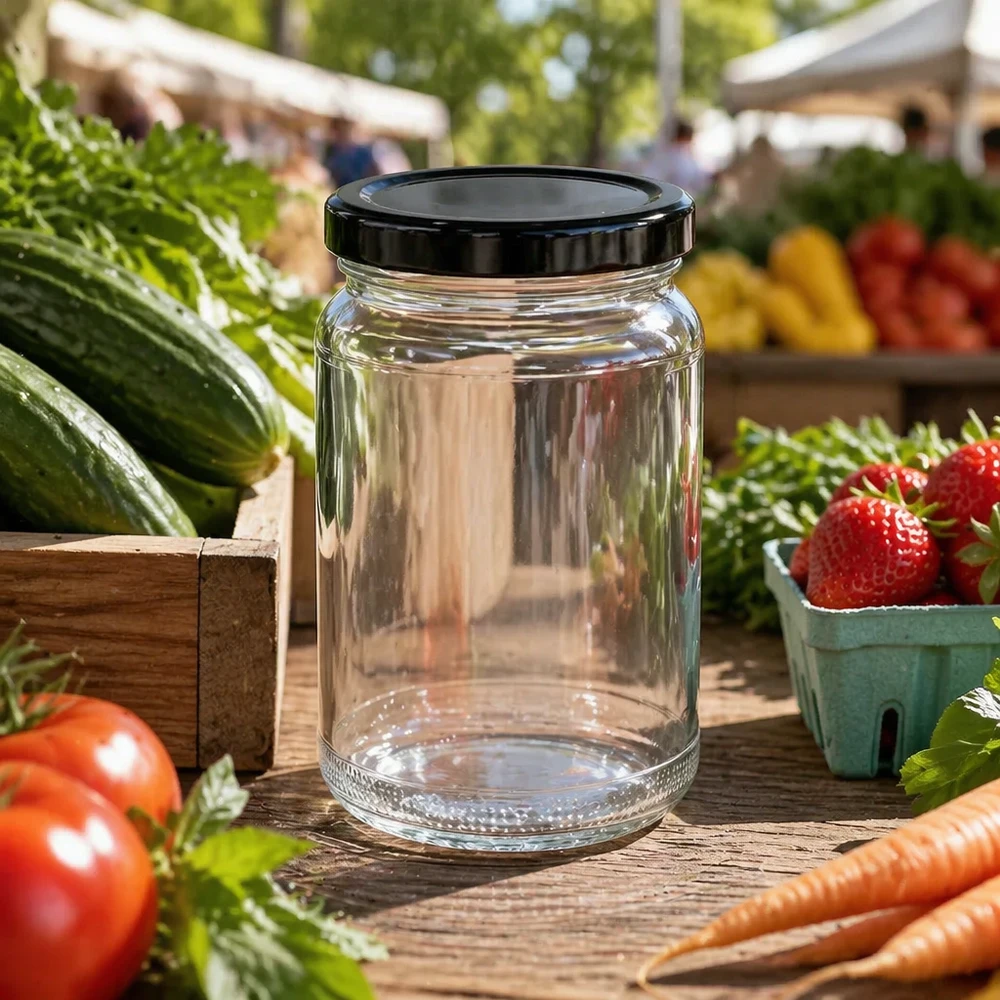 UNiTWIST tarro redondo 110ml con tapa negra TO48 en puesto de mercado entre frutas y verduras frescas