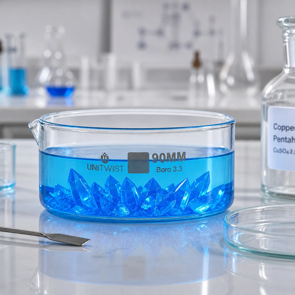 Cristalizador ø90mm vidrio borosilicato UNiTWIST Bandeja de cristalización UNiTWIST de 90 mm con cristales azules de sulfato de cobre en vidrio borosilicato de laboratorio