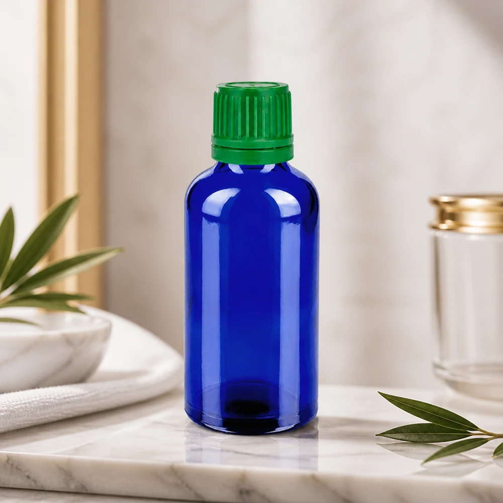 Robusto frasco de vidrio de 50 ml con tapón de rosca verde para aplicaciones cosméticas y de bienestar