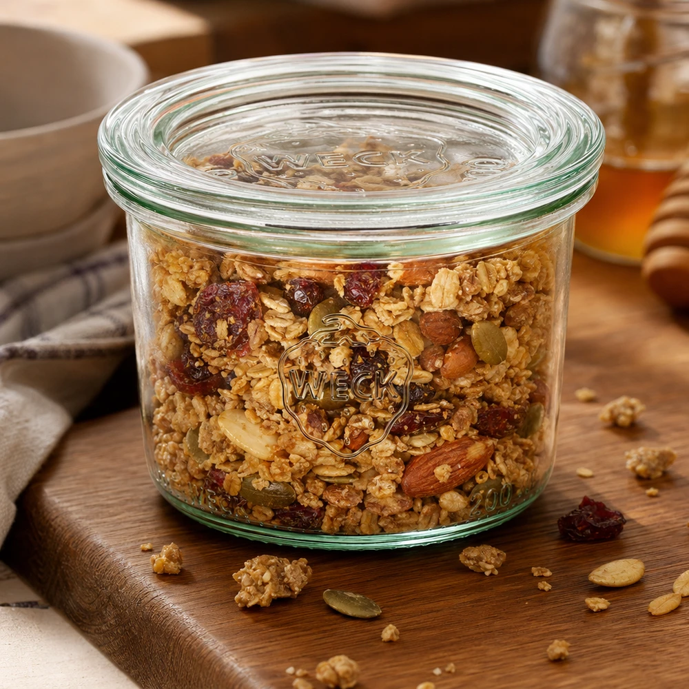 Vasos de 200 ml con tapa de vidrio WECK RR80 WECK 200ml RR80 mason jar lleno de muesli y frutos secos en una tabla de madera muestra el almacenamiento práctico de alimentos