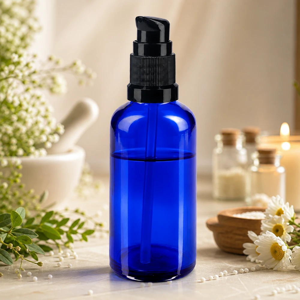 Frasco de farmacia azul de cristal con dosificador de 50 ml y cabezal dosificador negro para productos cosméticos