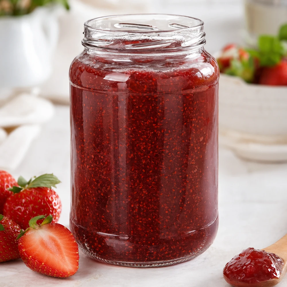 UNiTWIST Runda1700 vasos 1700ml TO100 con mermelada de fresa casera fresas frescas desayuno mesa blanco