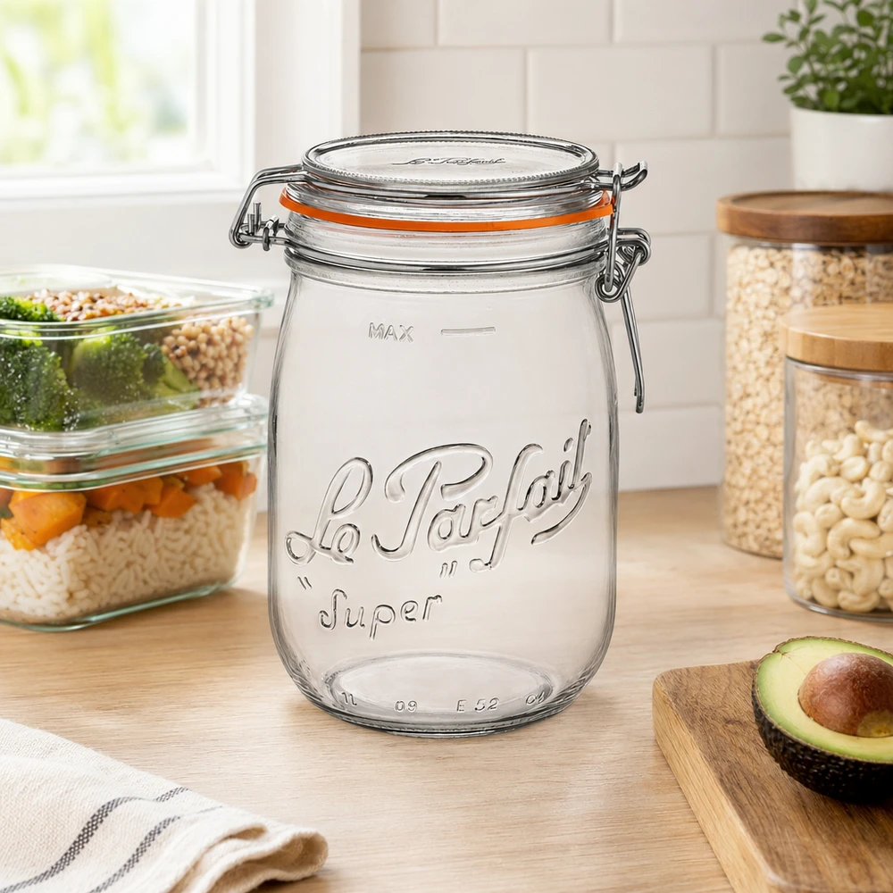 Tarro de almacenamiento Le Parfait Super de 1000 ml con tapa abatible en cocinas modernas junto al aguacate y otros recipientes de almacenamiento