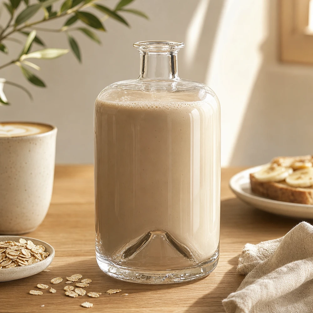 Botella de cristal Sofía de 700 ml llena de leche de avena sobre una mesa de madera junto a una taza de avena y café Toma de estilo de vida