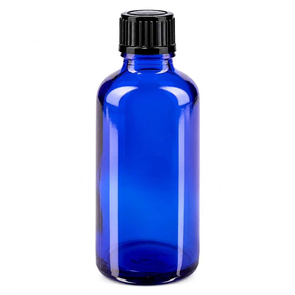 Frasco de cristal azul de 50 ml con tapón cuentagotas negro, fabricado en cristal de farmacia de alta calidad