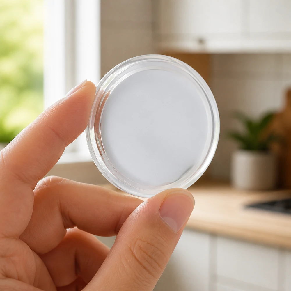Tapa BasicSeal de 70 mm, blanca (TO70) UNiTWIST Tapa transparente de rosca de 70 mm con junta blanca, sostenida por la mano de una mujer