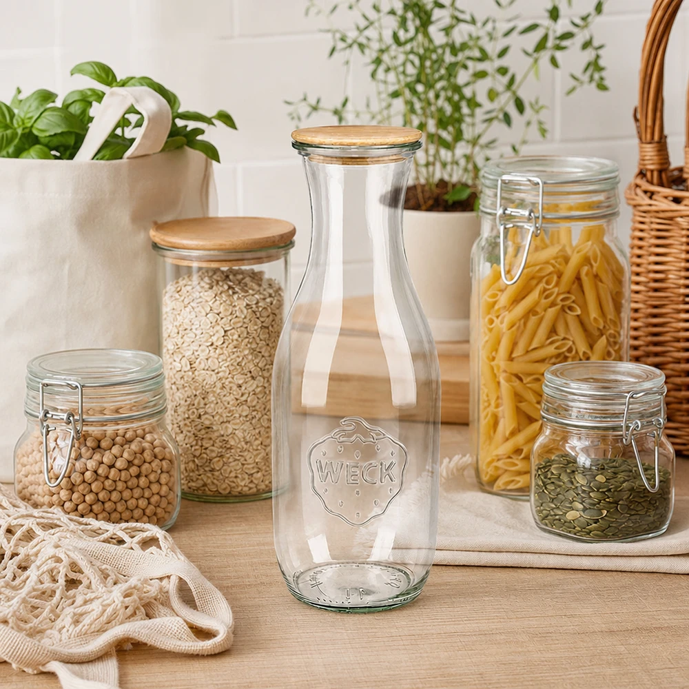 Botella de zumo WECK de 1062 ml con tapa de madera en la cocina de residuos cero junto a los tarros de pasta y legumbres